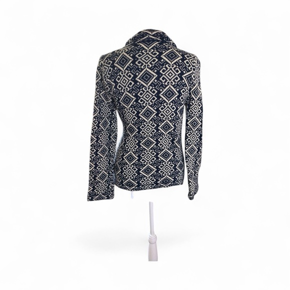 Lely Wood Women’s Cardigan Sweater Jacket Blue White Geometric Knit Tie Belt M - Picture 3 of 11